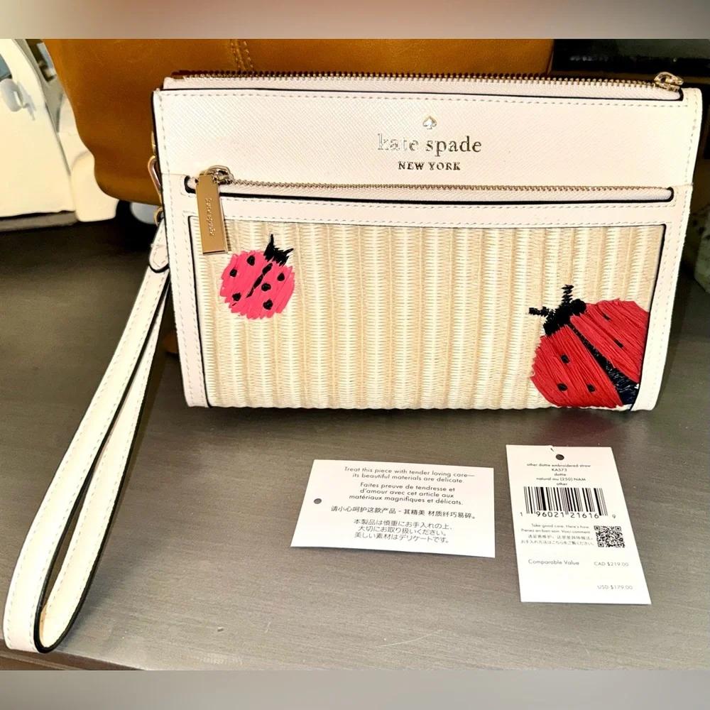 Kate Spade Dottie Ladybug Embroidered Natural Straw dbl zip Wristlet - NWT $179